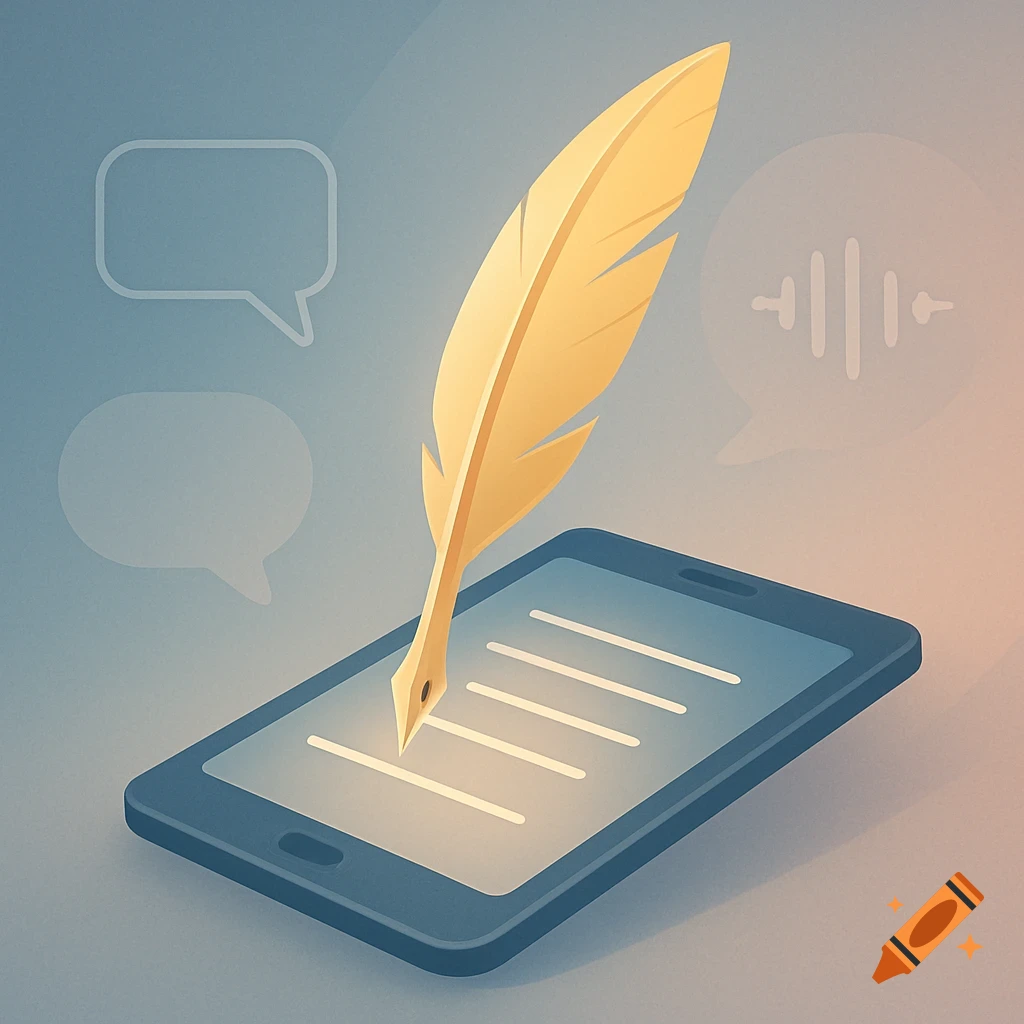 Isometric illustration of a golden feather pen writing on a smartphone, with communication and sound wave icons in the background.