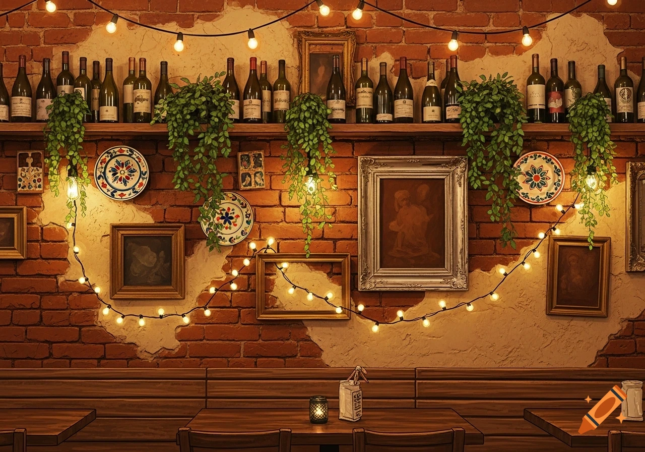 A rustic restaurant wall decorated with wine bottles, green plants, framed art, and string lights over wooden benches and tables.