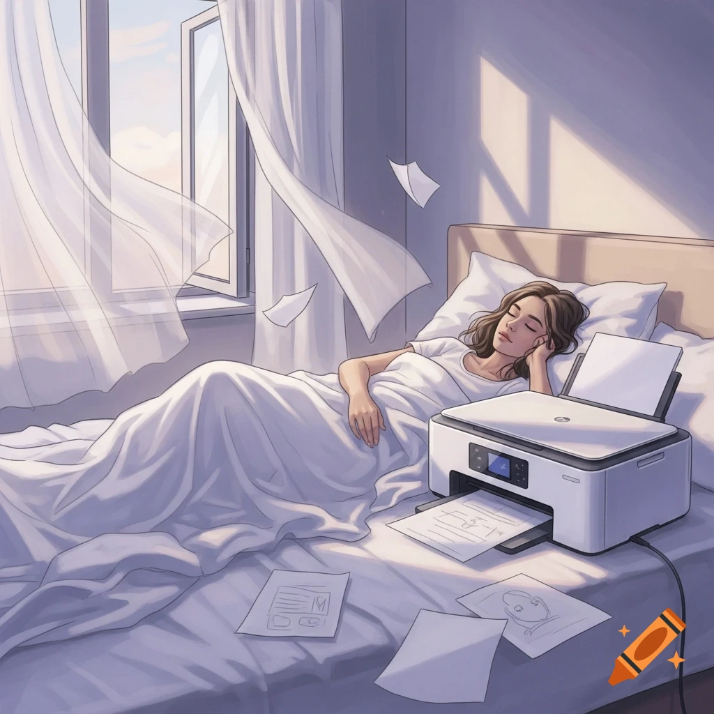 An illustration of a woman sleeping peacefully in bed next to a white printer, with sheer curtains billowing and papers flying from an open window.