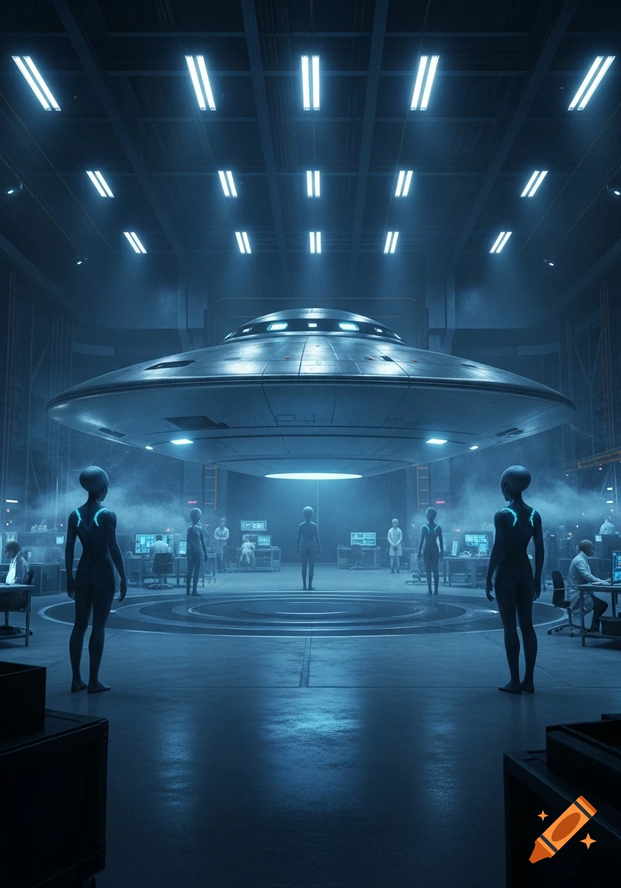 A large silver UFO hovers in a futuristic, blue-lit hangar with gray aliens and humans working at computers.