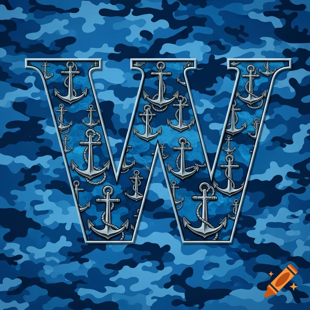 A large, stylized letter W filled with silver anchors, set against a background of blue camouflage.