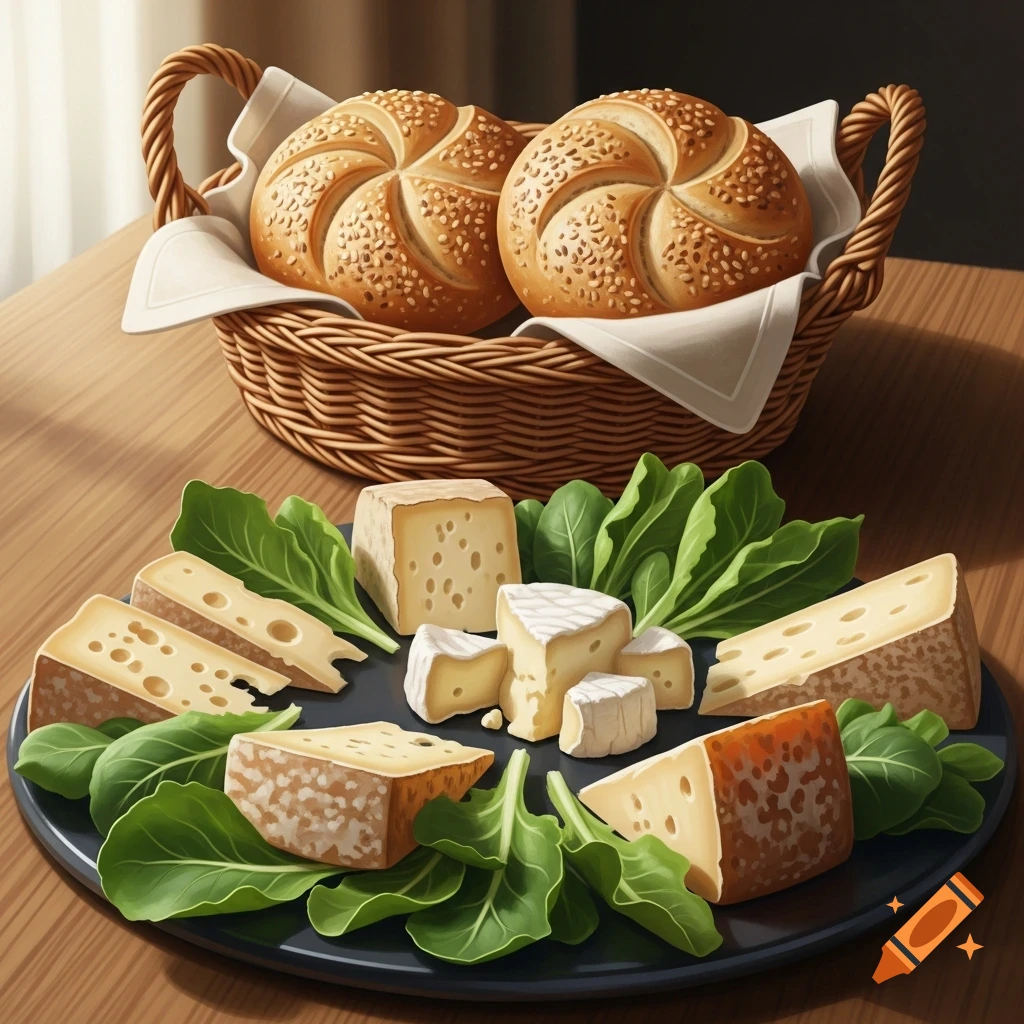 A close-up shot of two sesame seed rolls in a woven basket and a platter with various cheeses and green lettuce on a wooden table.