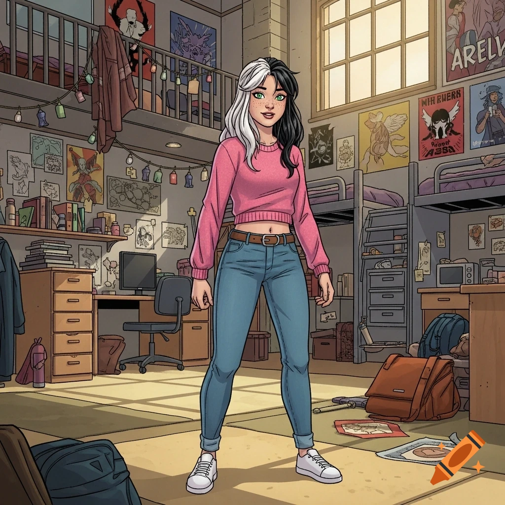 A young woman with half white, half black hair, wearing a pink crop top and jeans, stands in a cluttered comic-style dorm room.