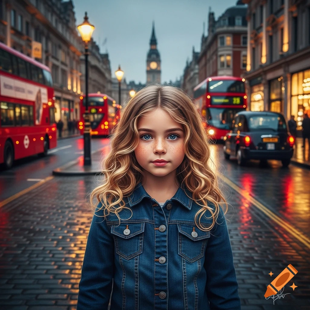 Photorealistic portrait of a young girl with blonde hair and freckles, standing on a wet cobblestone street in London with red double-decker buses.