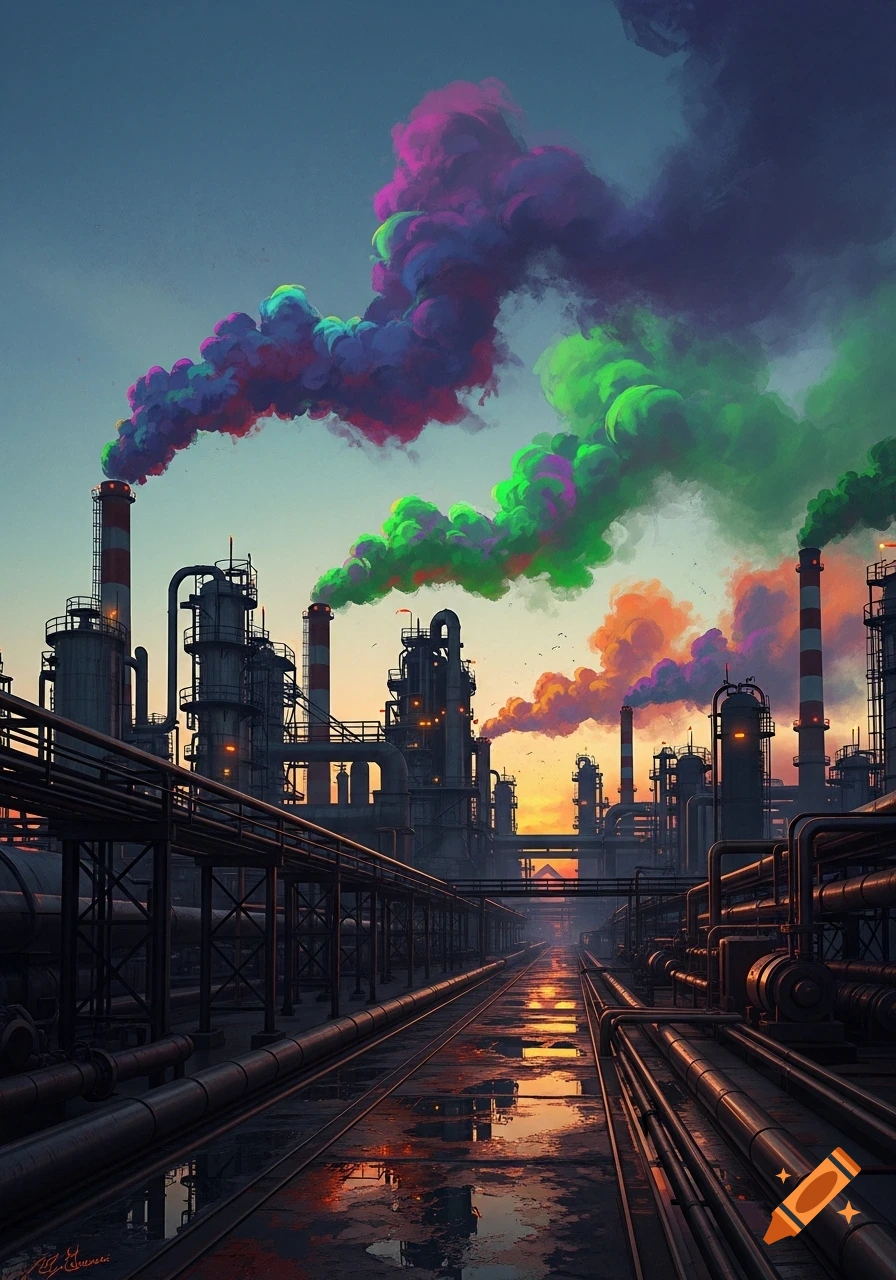 An industrial factory at sunset with colorful, chemical smoke billowing from its smokestacks, reflecting in wet ground.