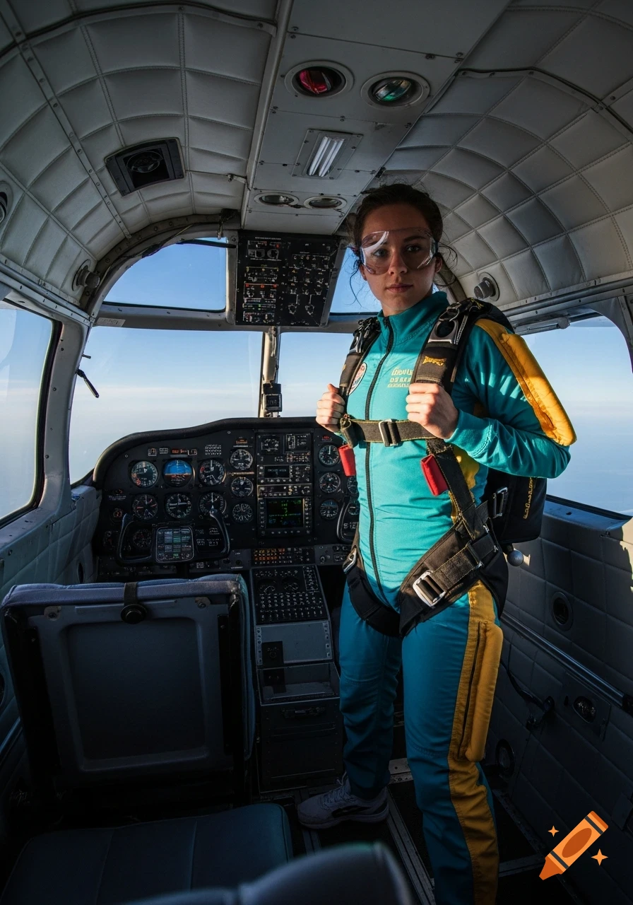 A woman in a teal and yellow skydiving suit and goggles stands in an airplane cockpit, ready to jump.