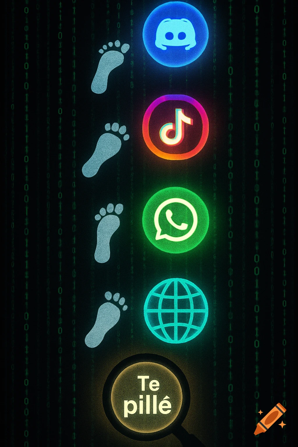 A dark digital art image with green binary code background, showing footprints leading to glowing social media icons like Discord, TikTok, and WhatsApp, culminating in a magnifying glass with the text "Te pill "