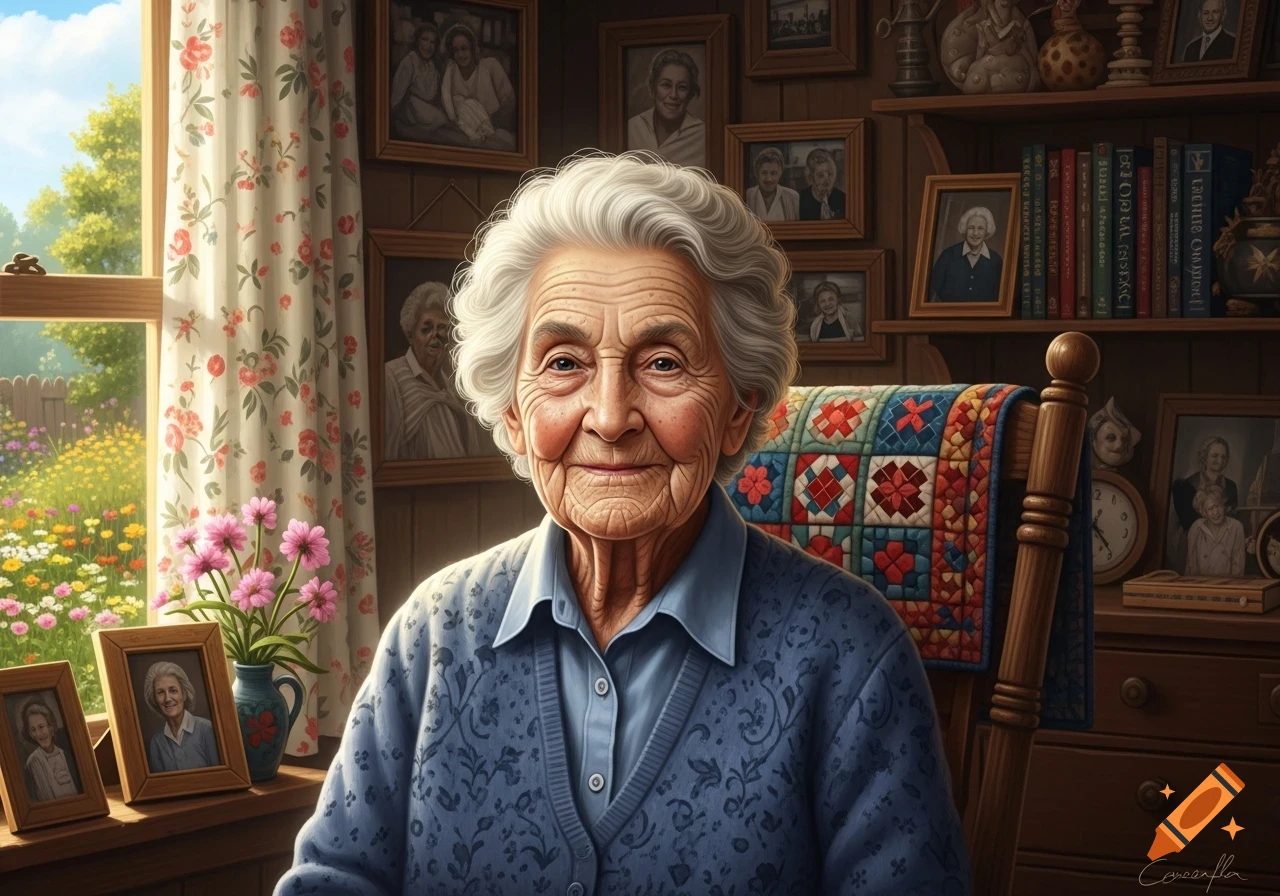 A photorealistic portrait of an elderly woman with white hair, sitting in a cozy room with framed photos, a quilt, and a window overlooking a vibrant garden.