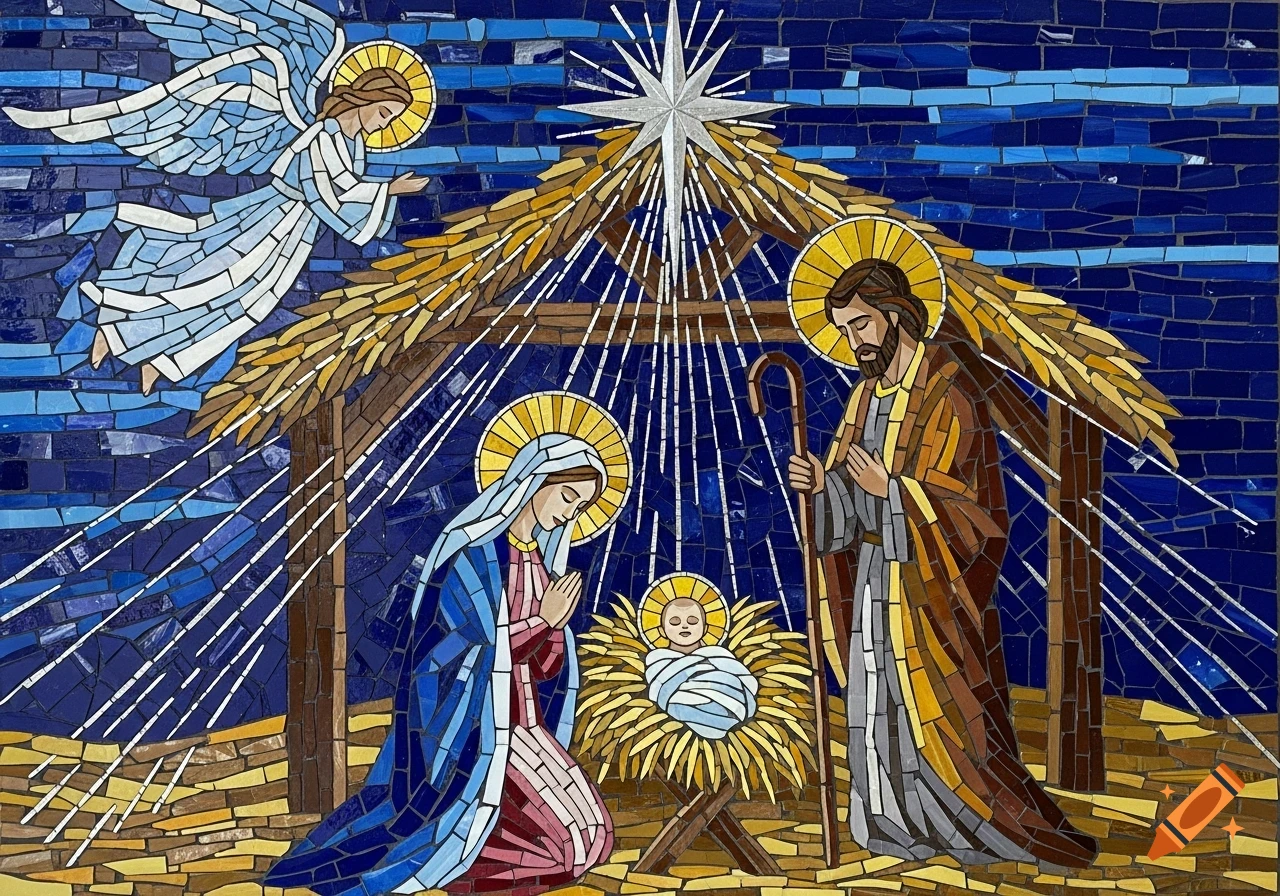 A vibrant mosaic depicts the Nativity scene with Mary kneeling by the manger, Joseph standing, a star shining, and an angel hovering.