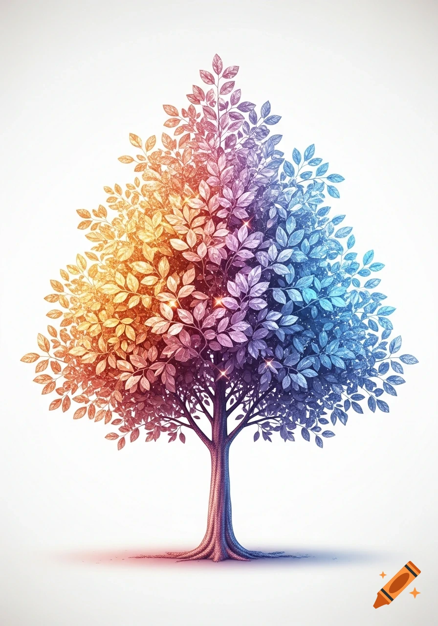 Stylized illustration of a tree with leaves in a gradient from warm orange to cool blue, sparkling on a white background.
