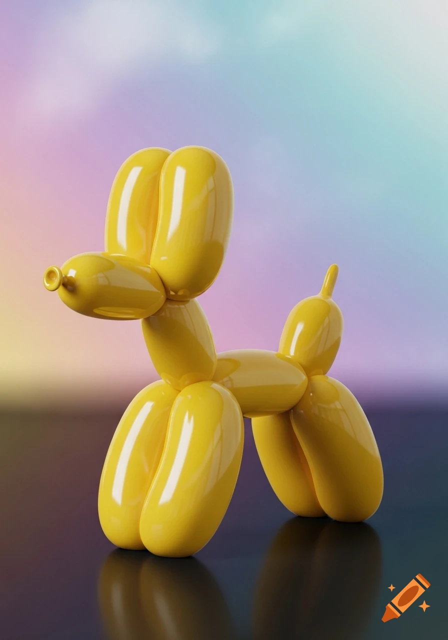 A glossy yellow balloon dog sculpture stands on a reflective surface against a soft, colorful gradient background.