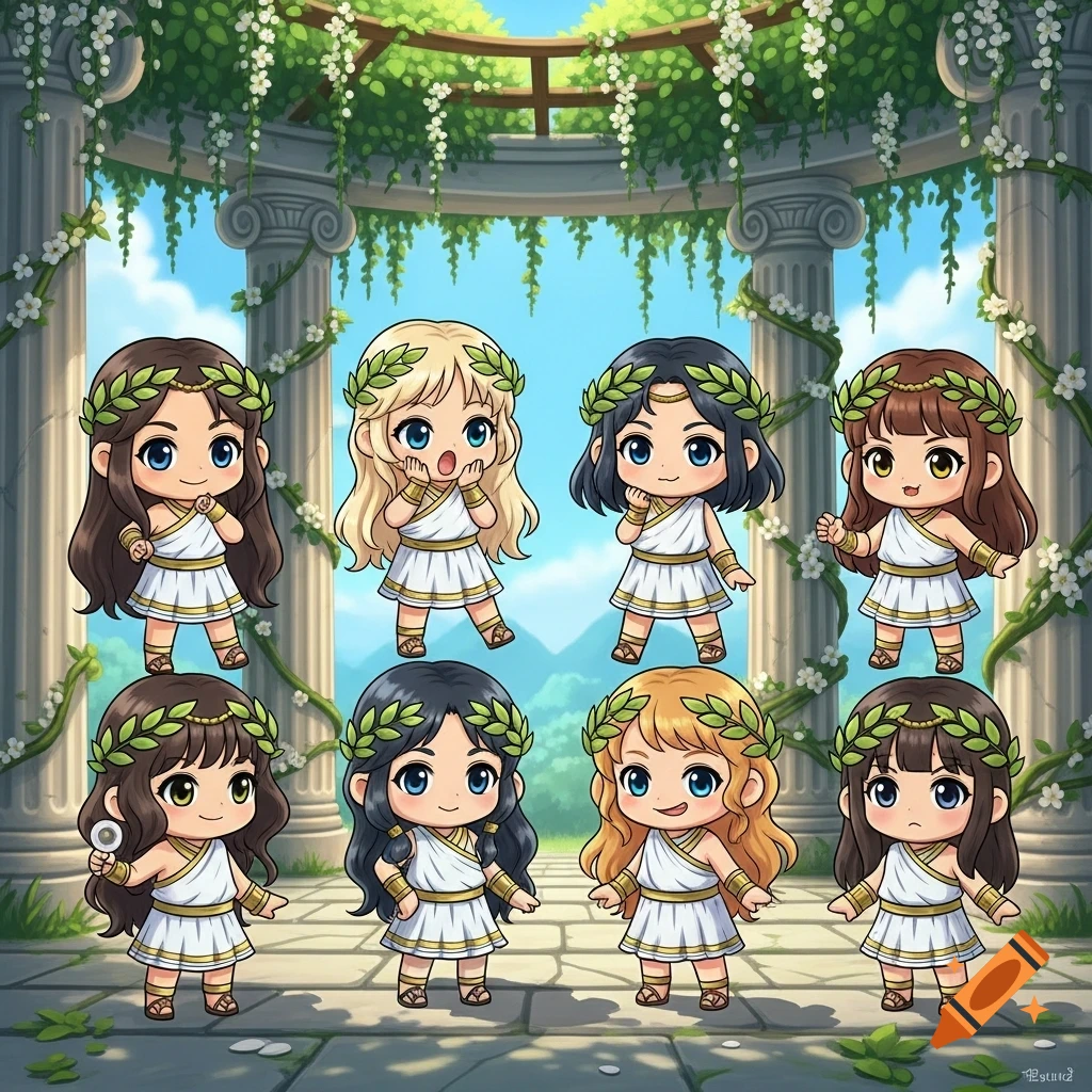 Eight cute chibi girls in white Greek tunics and olive leaf headbands stand under a vine-covered pergola.