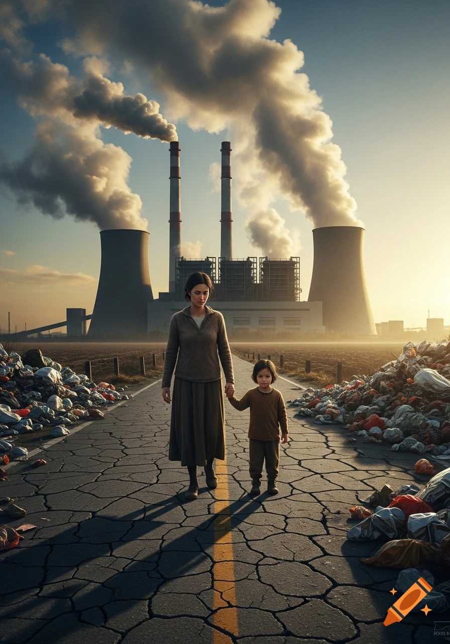A woman and child walk hand-in-hand on a cracked road surrounded by trash, with a polluting power plant in the background.