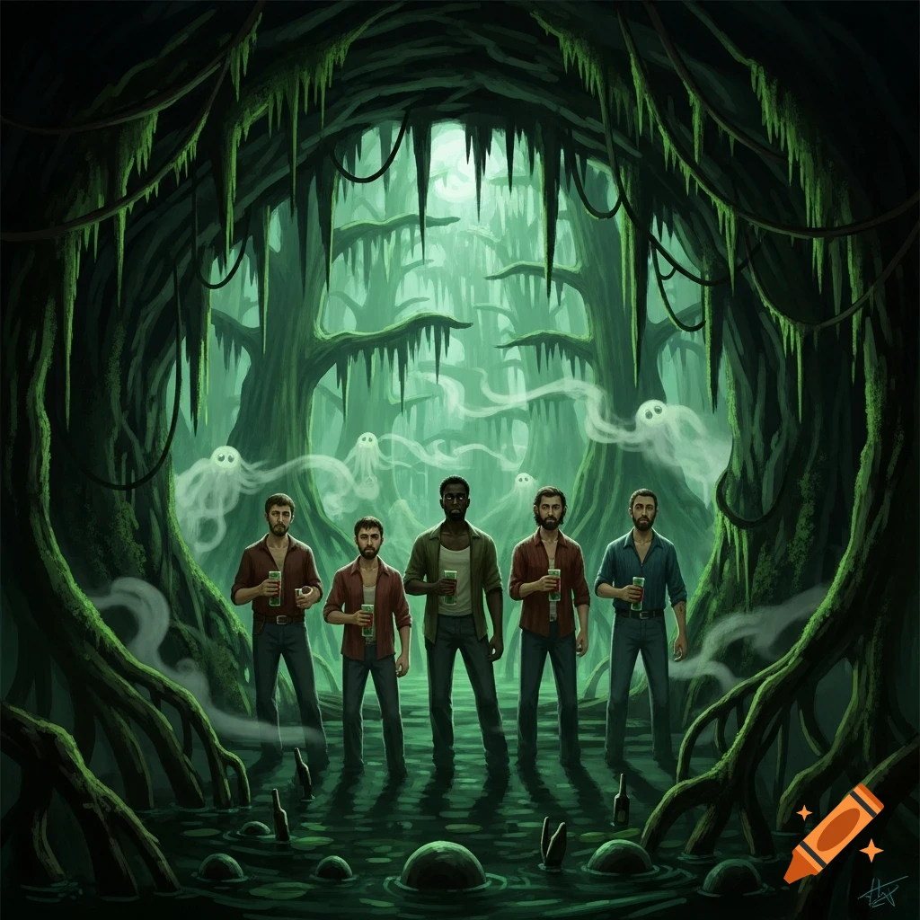 Five men, one black, stand in an eerie green swamp with hanging vines and ghostly figures, in a stylized illustration.