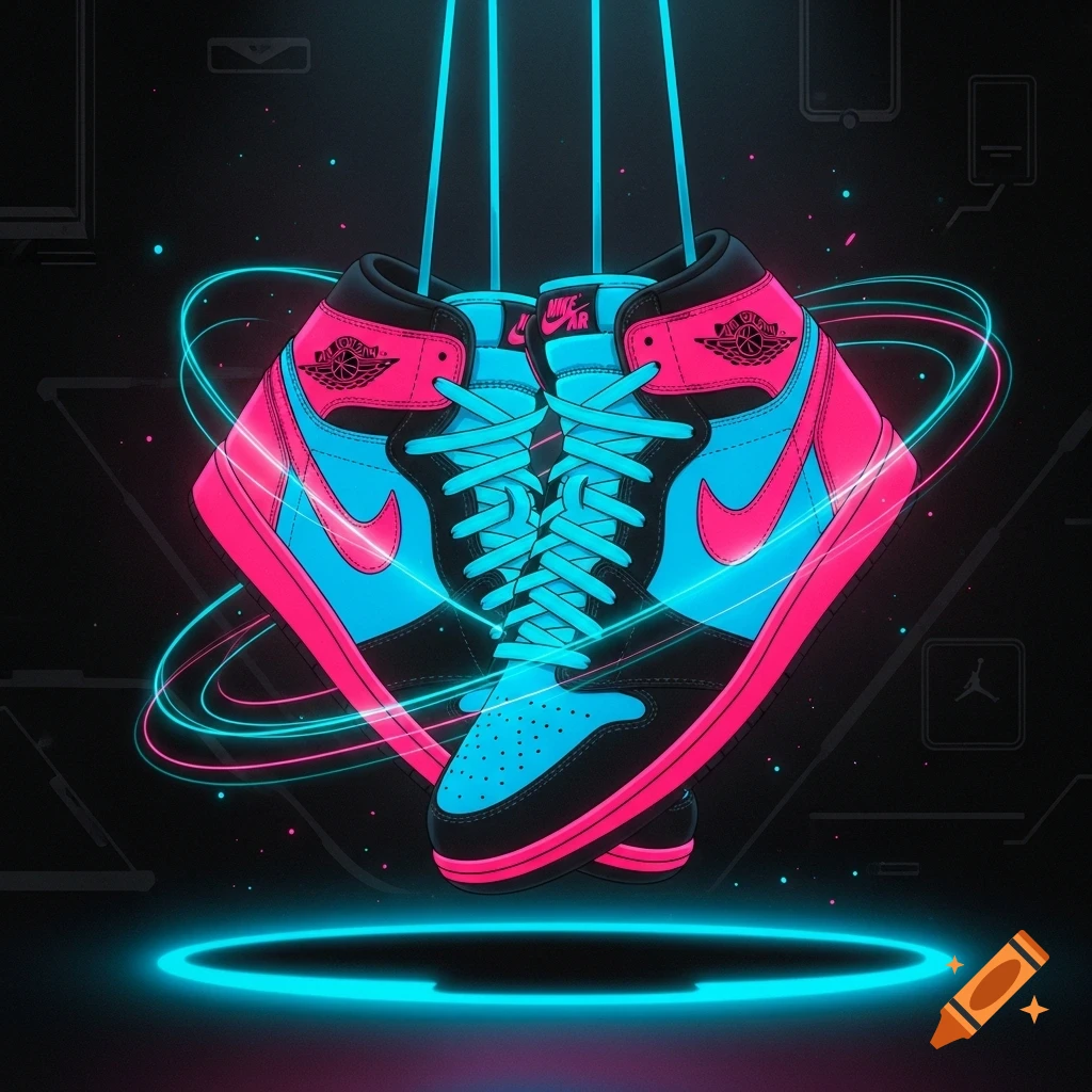 Two black, neon pink, and blue Nike Jordan sneakers hanging in a dark, futuristic setting with glowing neon lights and abstract tech.