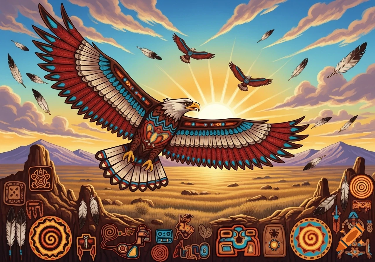 Vibrant stylized eagle with red, blue, and white patterns flying over a golden plain at sunset, with mountains and Native American symbols.