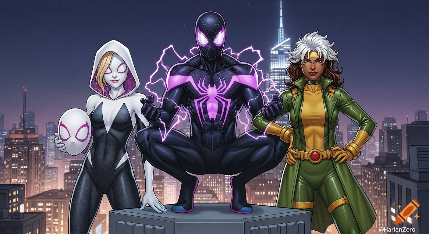 Comic art of Ghost-Spider, black-suited Spider-Man with purple lightning, and Rogue posing on a rooftop at night.