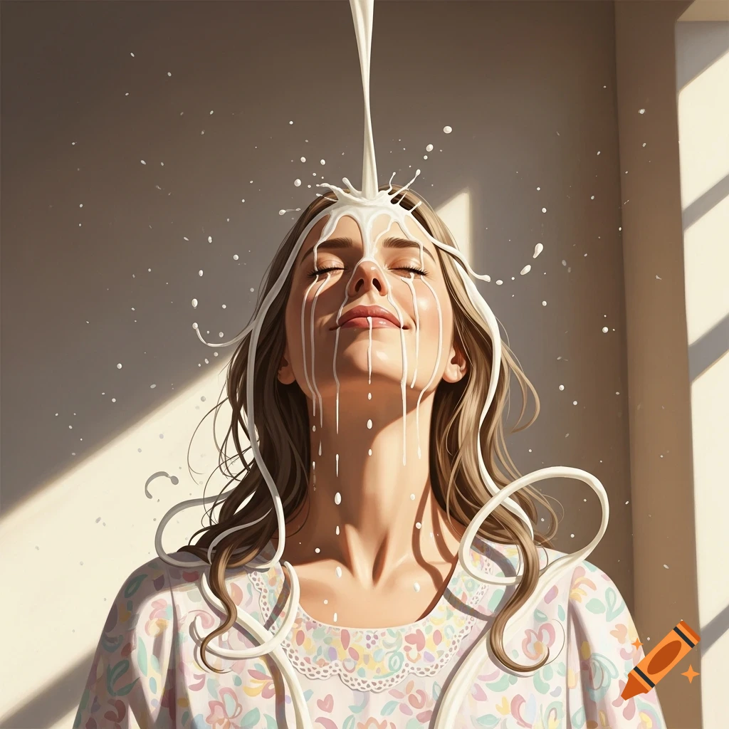 A woman with her eyes closed in blissful enjoyment as milk splashes and drips down her face and hair.