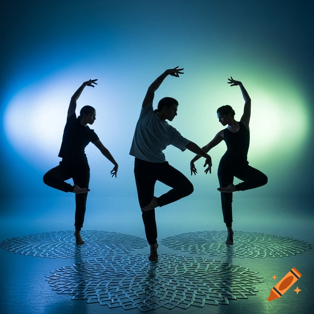 Three contemporary dancers in silhouette pose dynamically on abstract floor patterns under vibrant blue and green electric lights.