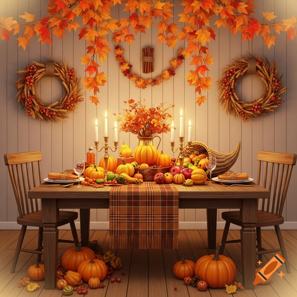 A festive Thanksgiving dining table adorned with candles, pumpkins, a cornucopia, and autumn leaves, in a photorealistic style.