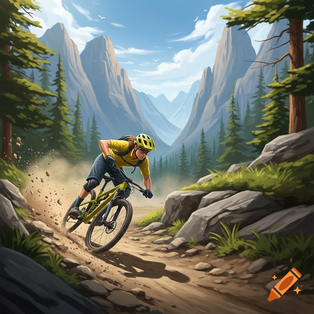 A person in a yellow shirt and helmet mountain biking down a dirt trail, kicking up dust, in a scenic mountain valley.
