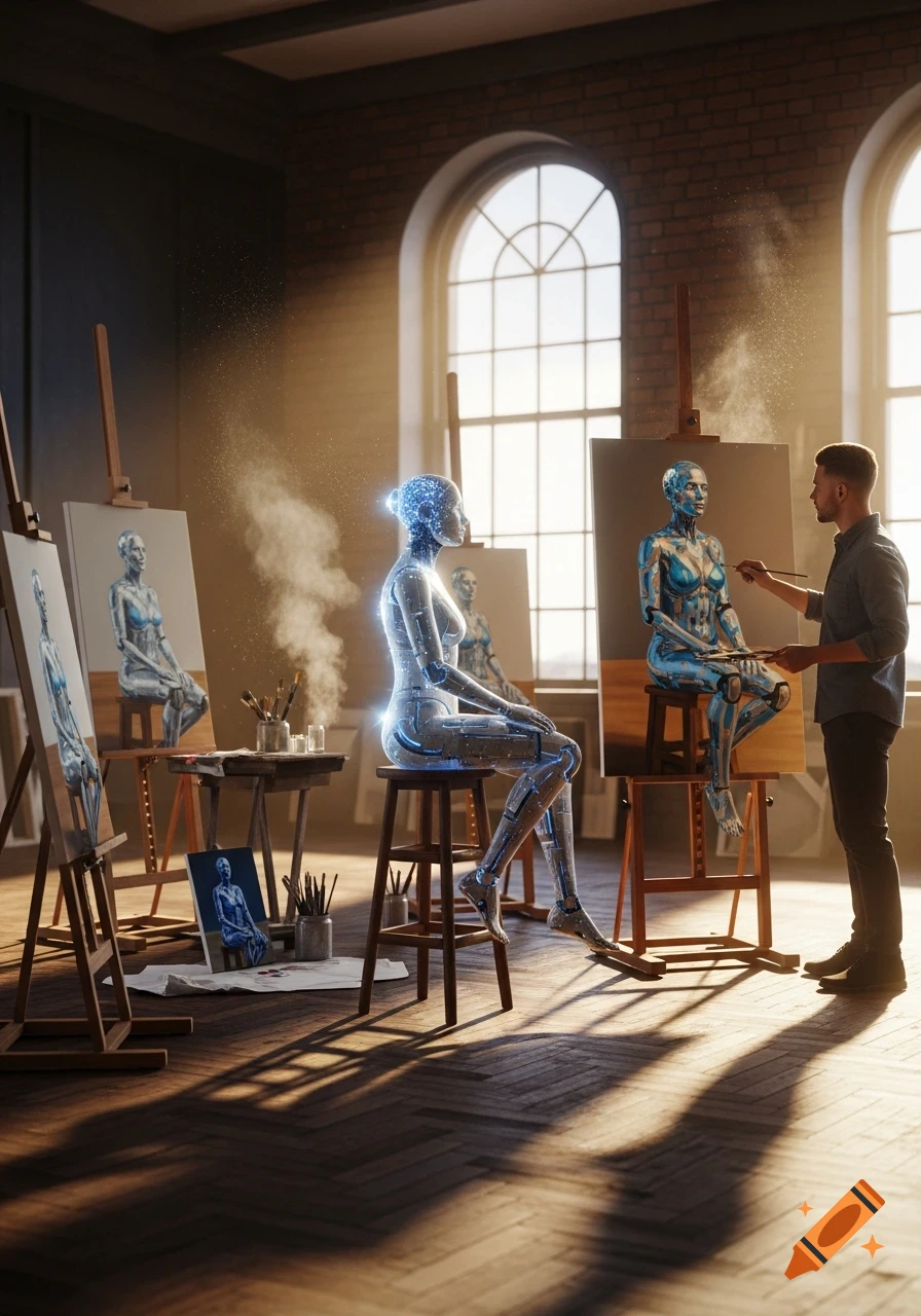 A male artist paints a glowing, translucent robot in a sunlit art studio with multiple easels.