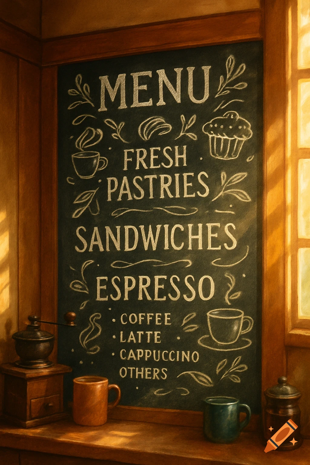 A chalkboard menu in a warmly lit cafe featuring fresh pastries, sandwiches, espresso, and coffee items.