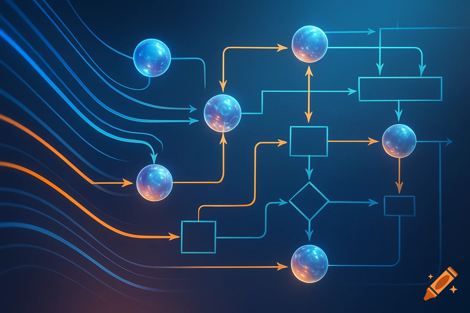 Abstract digital process flow diagram with glowing blue and orange lines connecting luminous spheres and geometric shapes on a dark background.