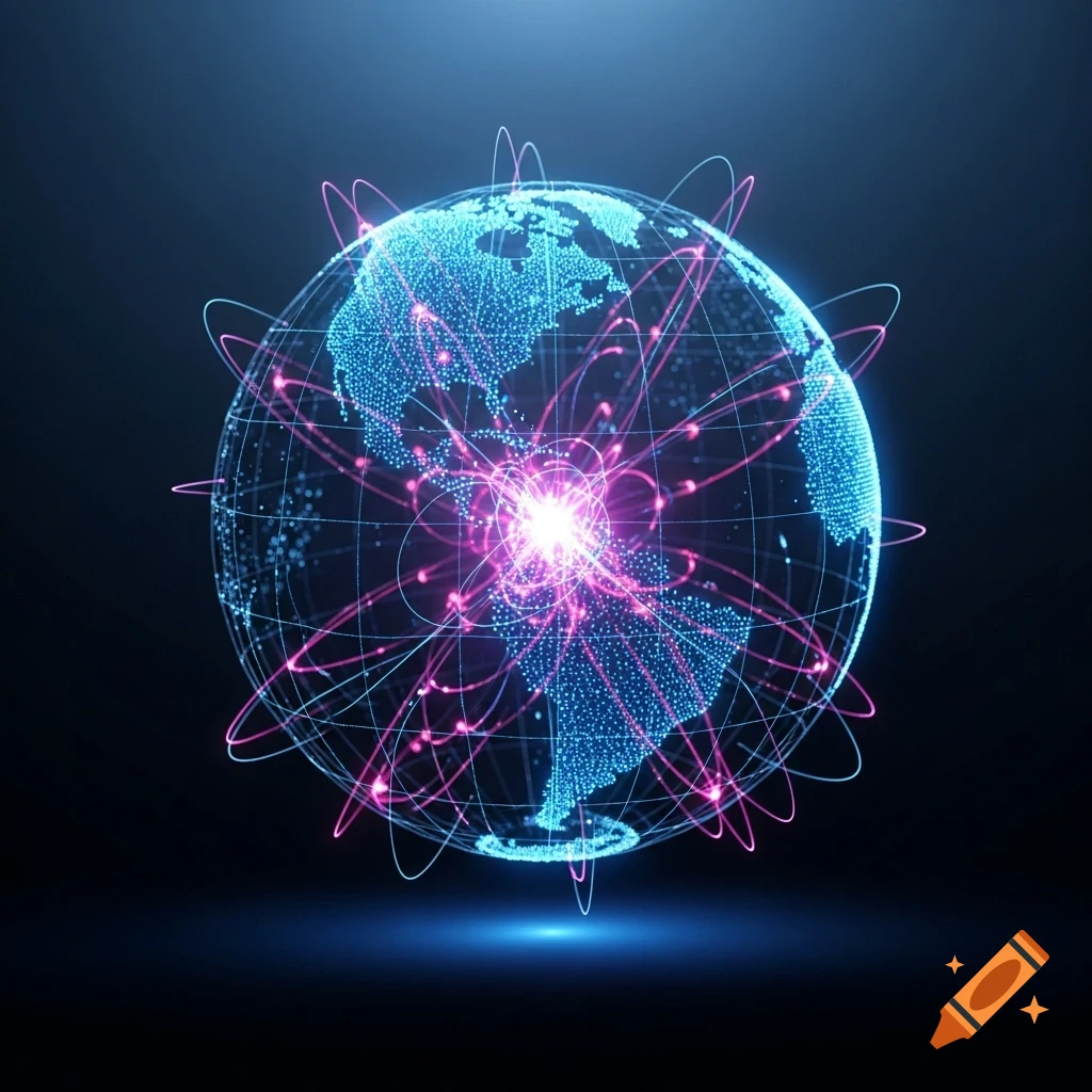 A glowing blue digital globe with dot-pattern continents, surrounded by swirling pink and blue light connections.
