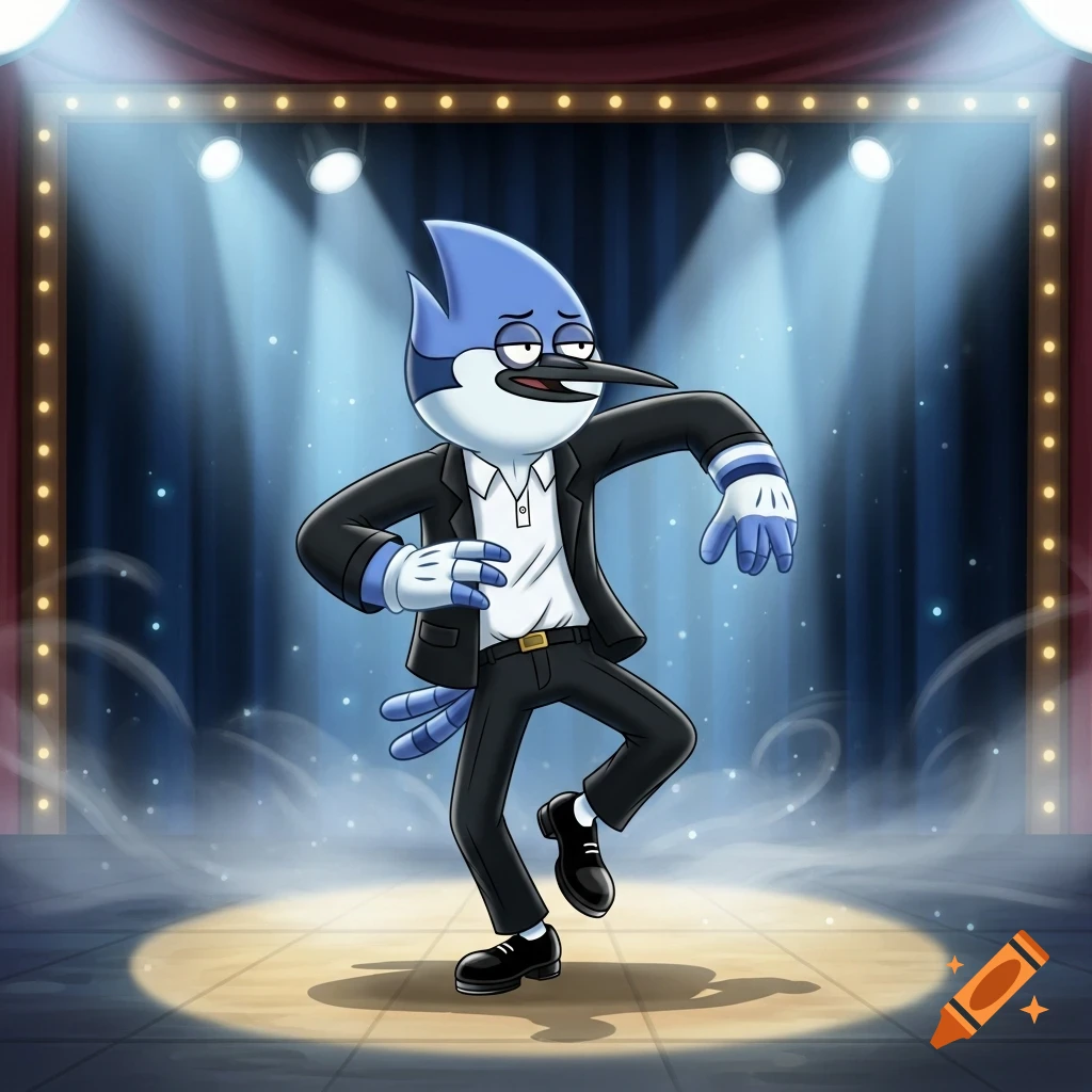 Mordecai the blue jay from Regular Show tap dancing on a spotlighted stage, wearing a black suit and white gloves.