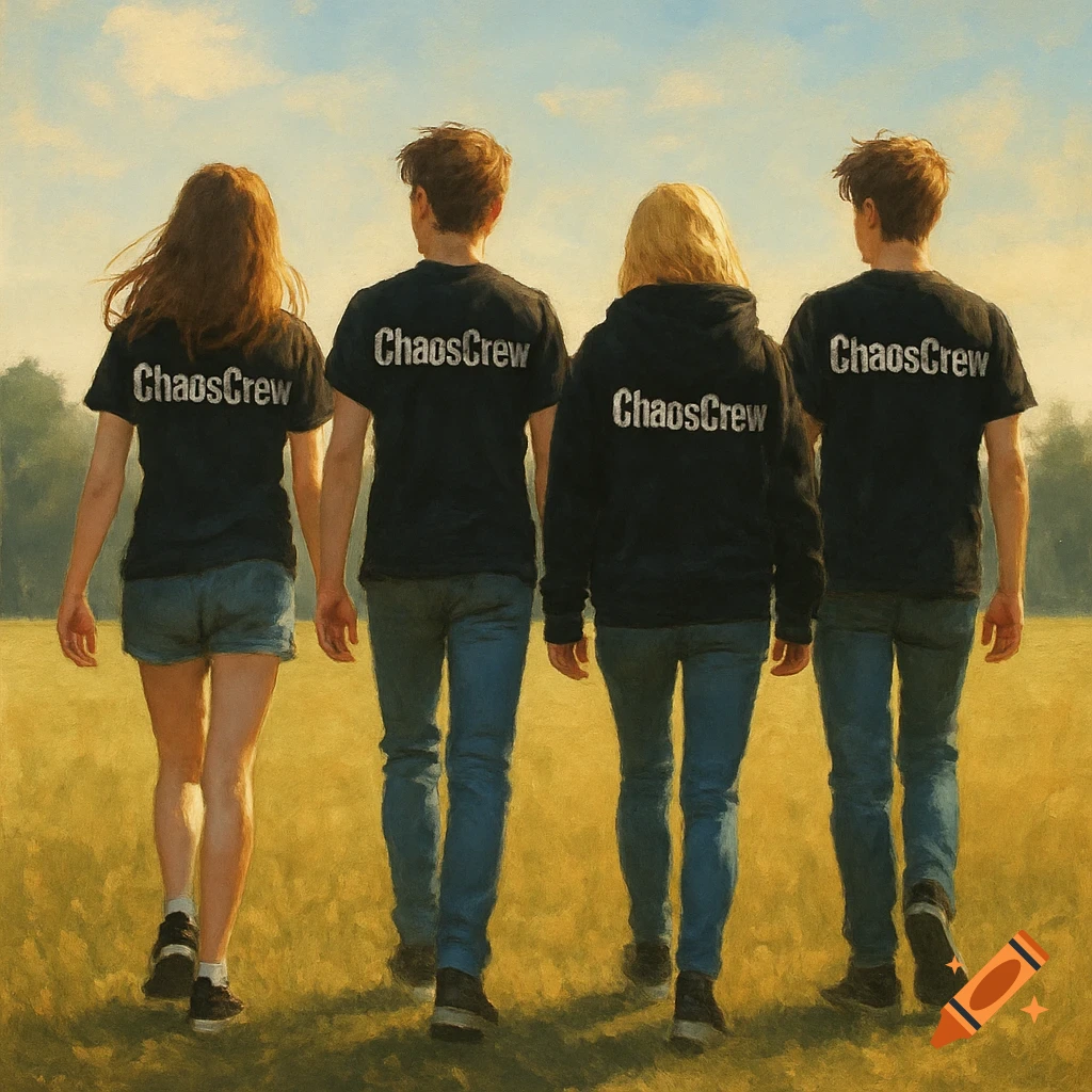 Four people in black 'ChaosCrew' shirts and a hoodie walk away through a sunlit grassy field in a painterly style.