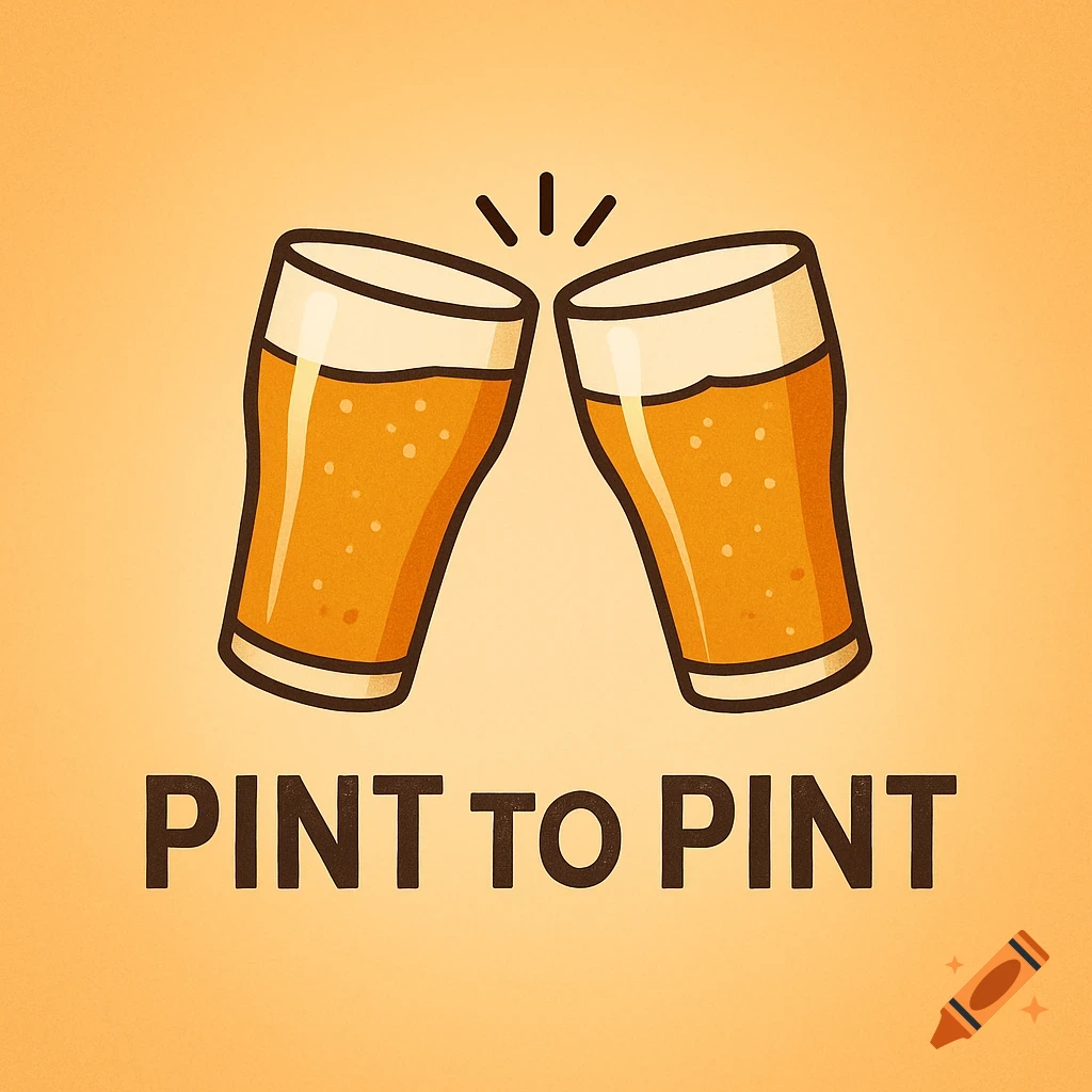 Cartoon illustration of two clinking beer glasses above 'PINT TO PINT' text on an orange background.