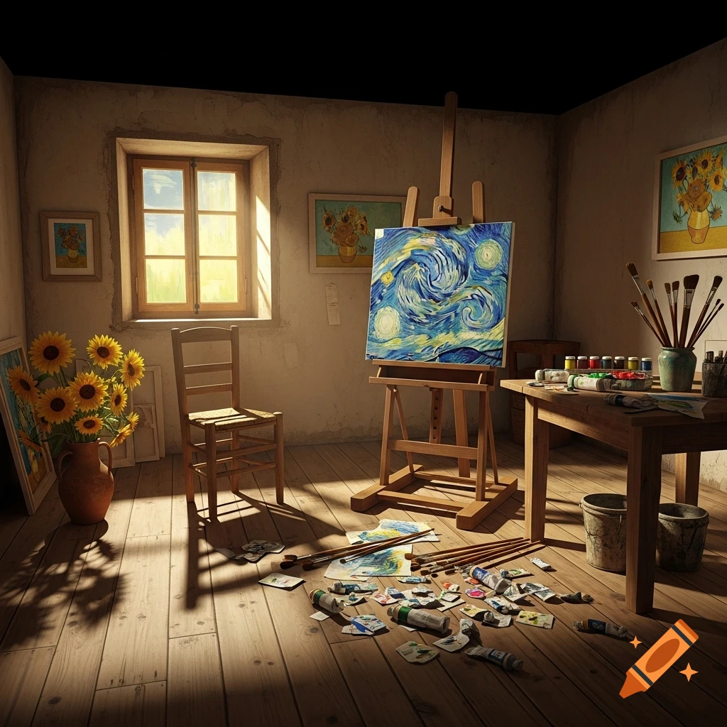An art studio with an easel holding a 'Starry Night'-style painting, a vase of sunflowers, and art supplies scattered on a wooden floor bathed in sunlight.