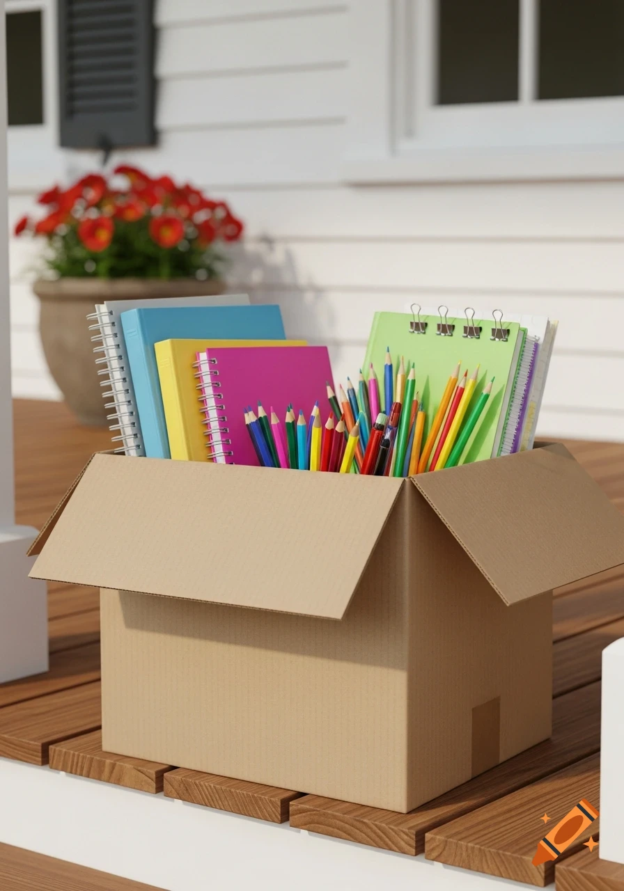 Photorealistic image of an open cardboard box filled with colorful notebooks, binders, pens, and pencils, sitting on a white house porch.