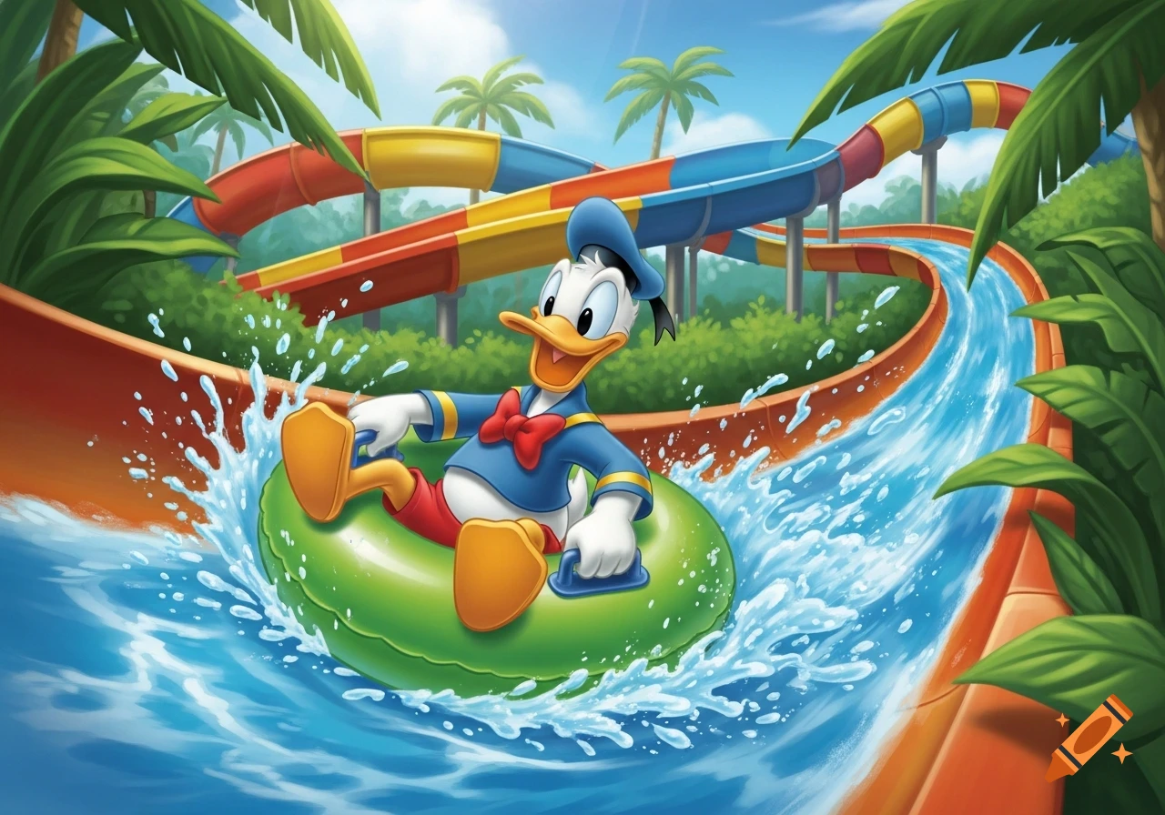 Donald Duck on a green innertube happily riding down a water park slide with splashes, tropical foliage, and other colorful slides.