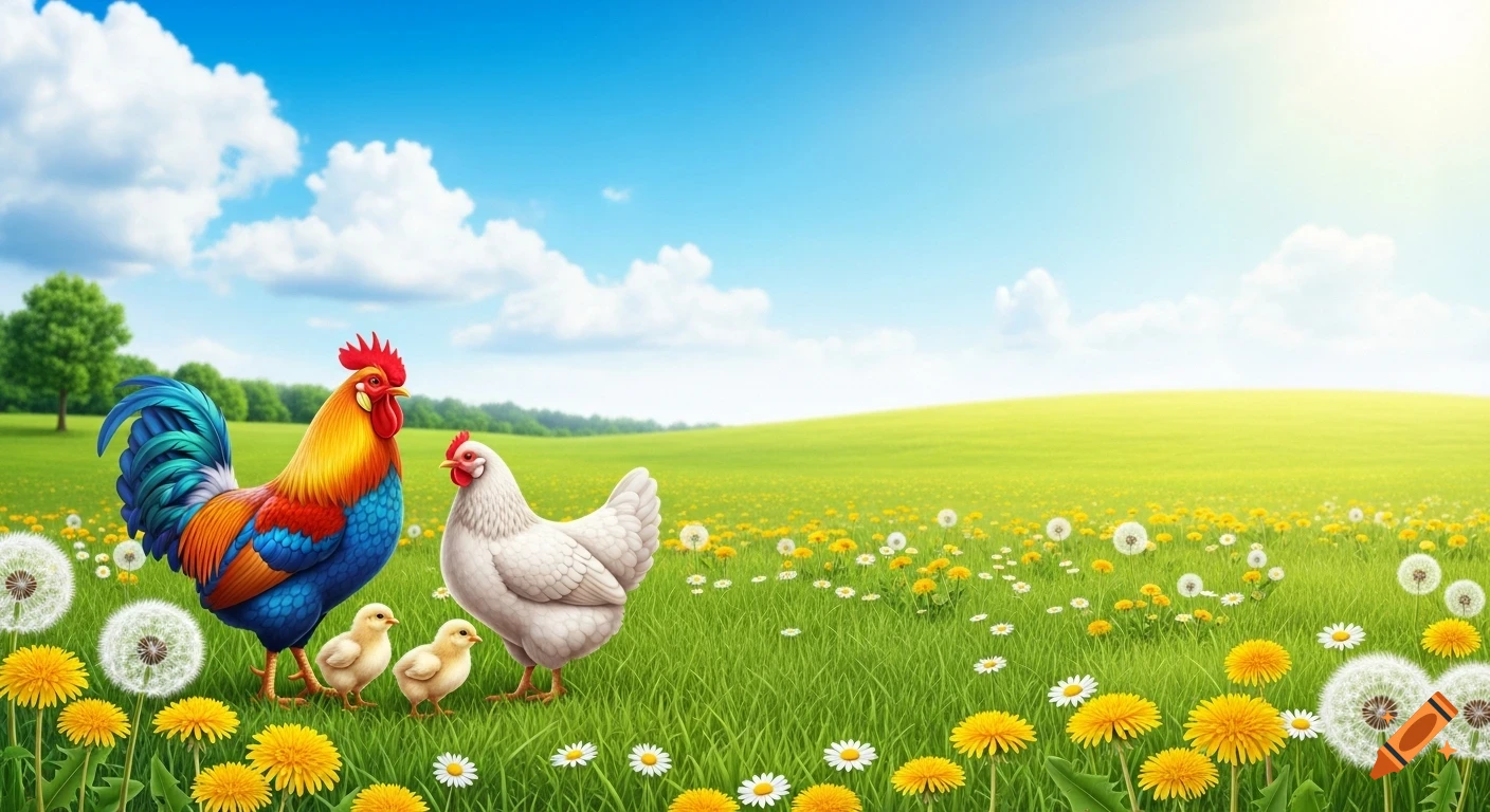 A colorful rooster, white hen, and two chicks stand in a vibrant green meadow filled with dandelions and daisies under a blue sky. Illustrative style.