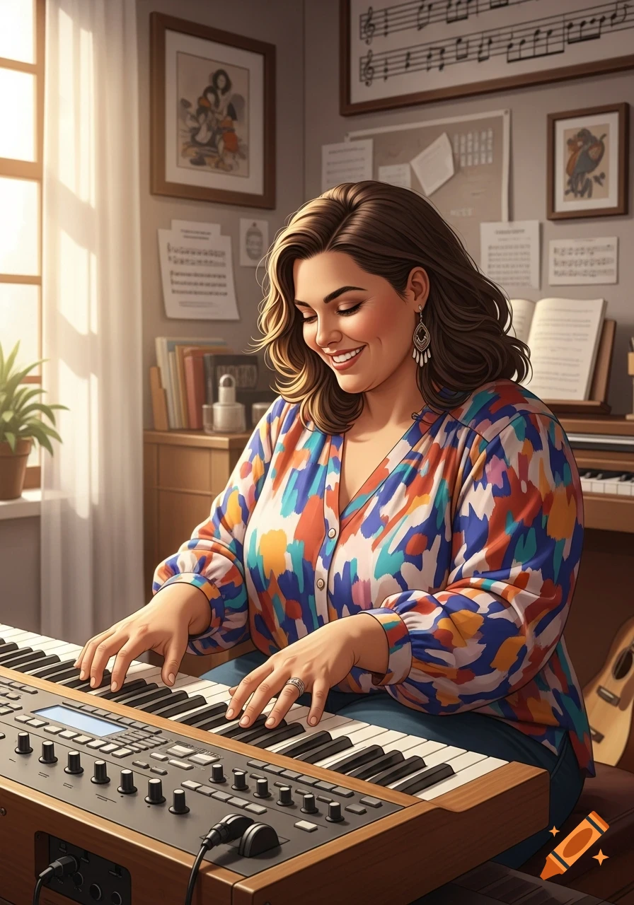 Woman with dark hair smiling while playing a musical keyboard in a sunlit room, photorealistic.