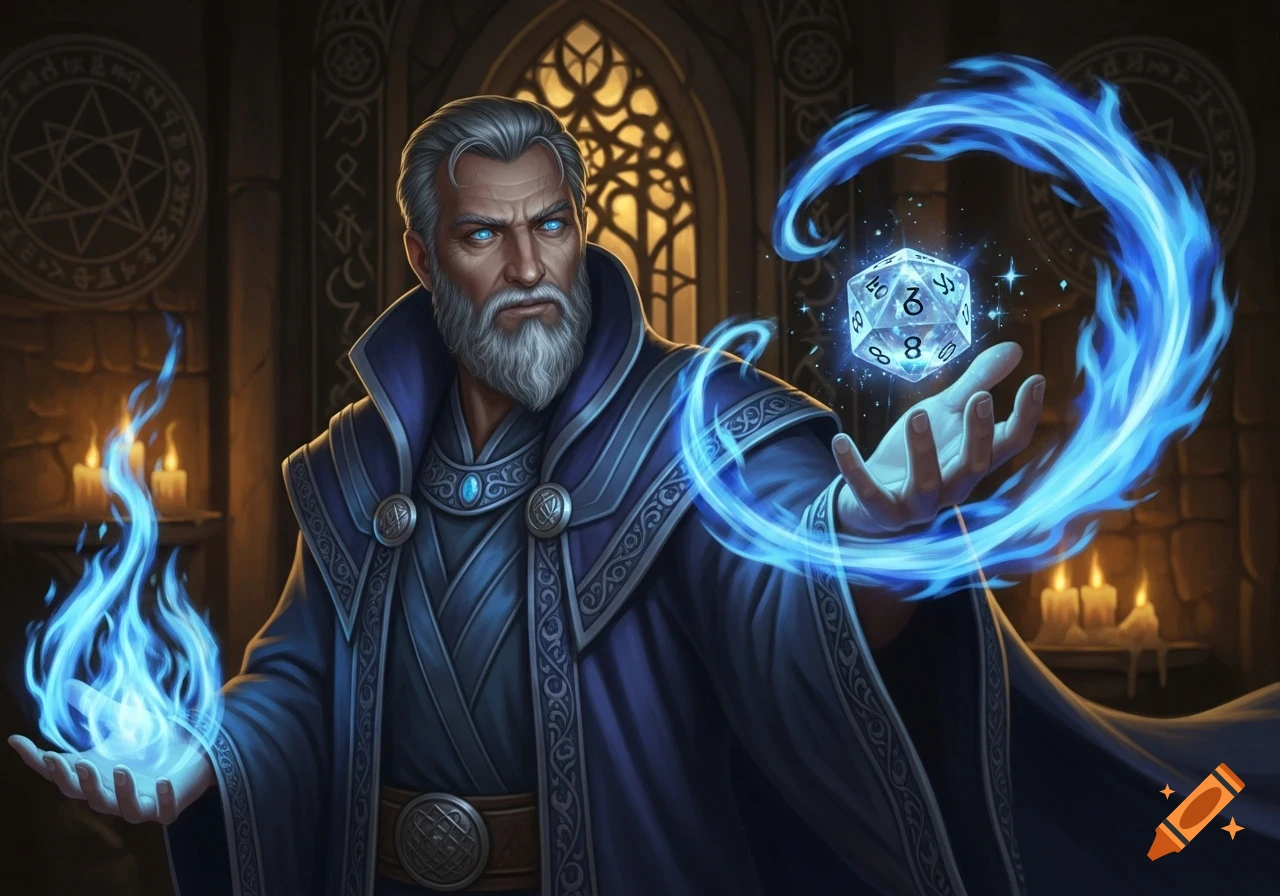 A wise wizard in a blue robe casts a spell, holding a glowing d20 dice ...
