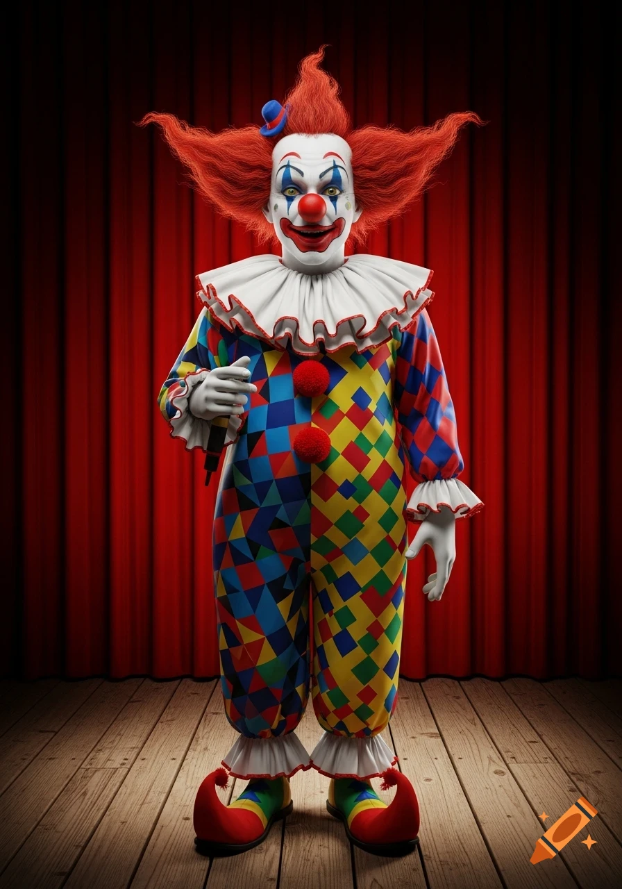 A photorealistic clown in a colorful harlequin costume and bright red hair stands on a wooden stage before red curtains.