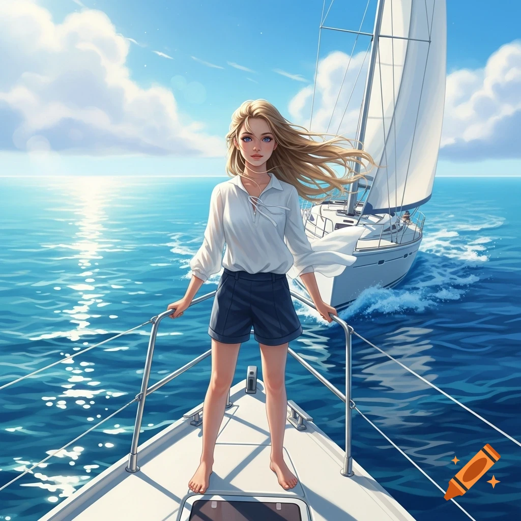 An anime girl with long blonde hair and blue eyes stands on the bow of a sailboat, on a sunny blue ocean day.