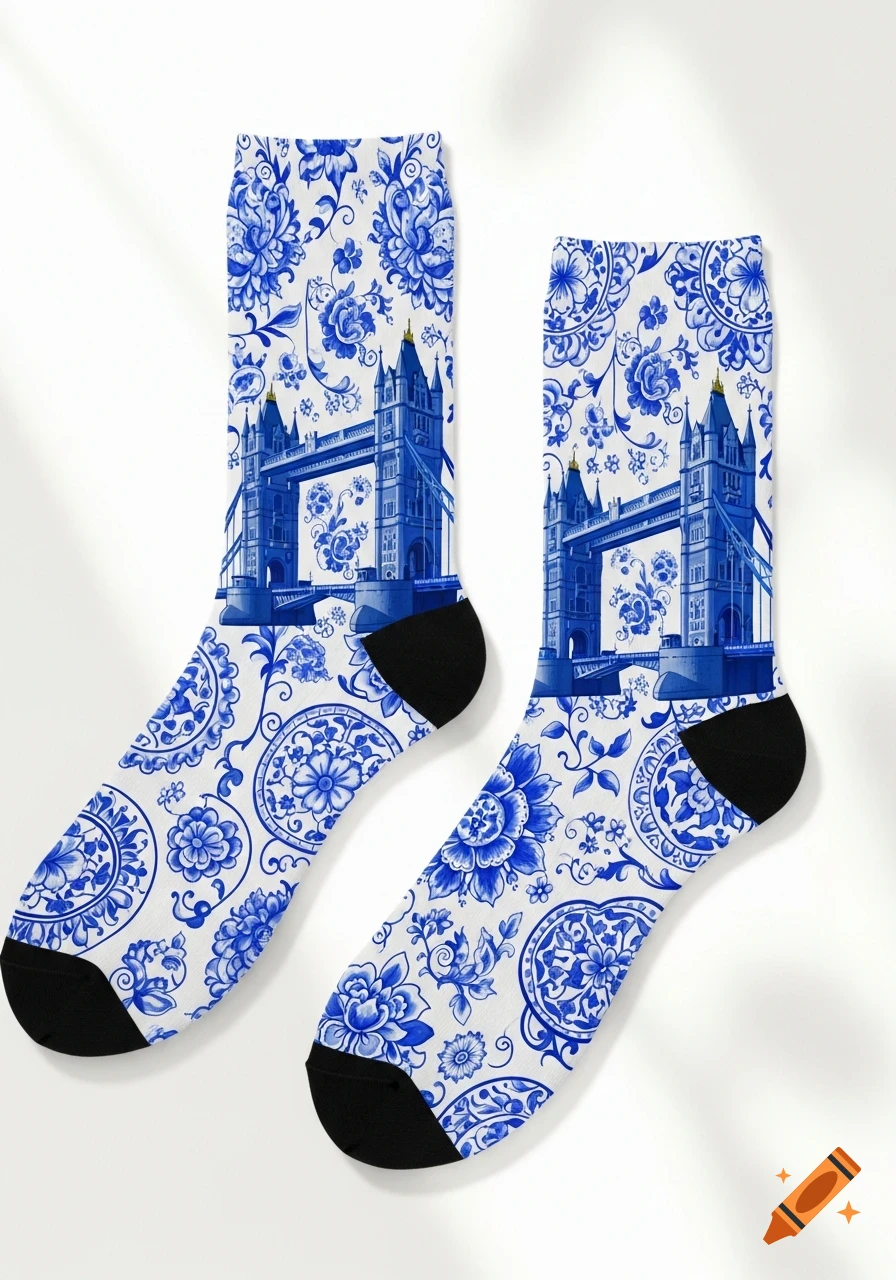A pair of white socks with a blue and white porcelain-style floral pattern and an illustration of London Bridge.