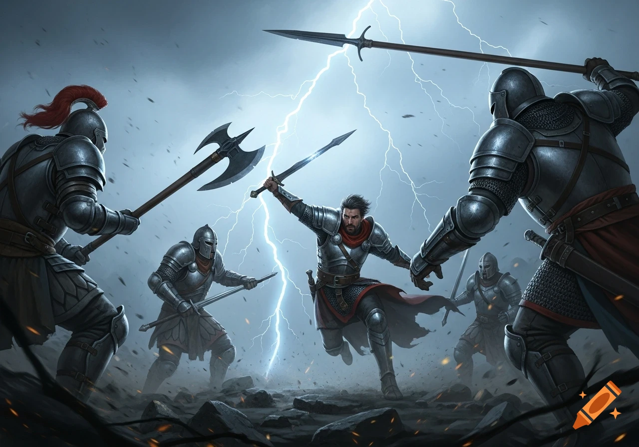 A heroic knight fighting three armored warriors on a rocky battlefield amidst a lightning storm, fantasy art.