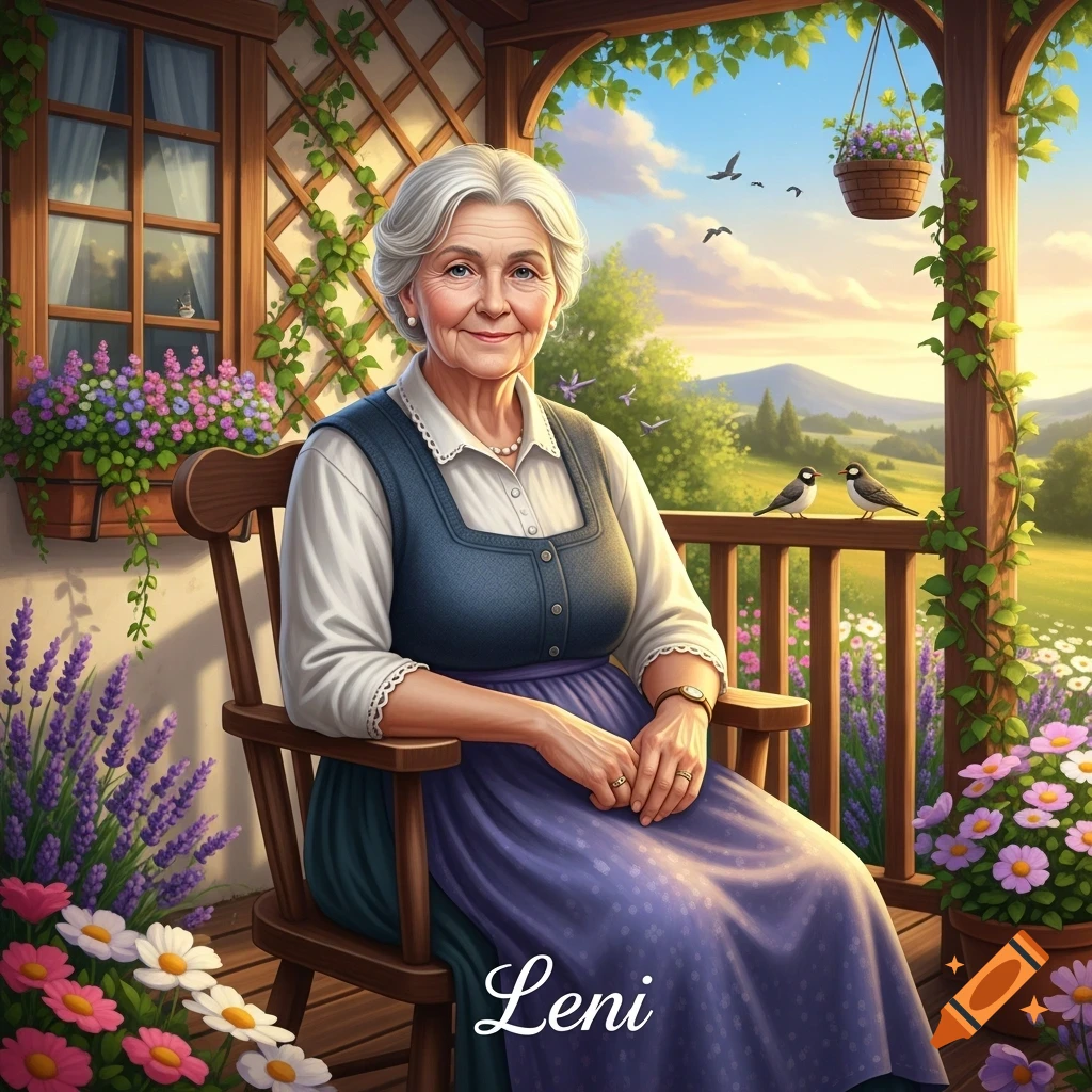 A smiling elderly woman with white hair sits on a wooden porch surrounded by colorful flowers and green vines, with a sunny landscape in the background.