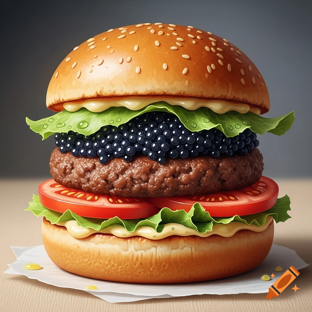 A photorealistic gourmet burger with a beef patty, black caviar, lettuce, tomato, and sauce on a sesame seed bun.