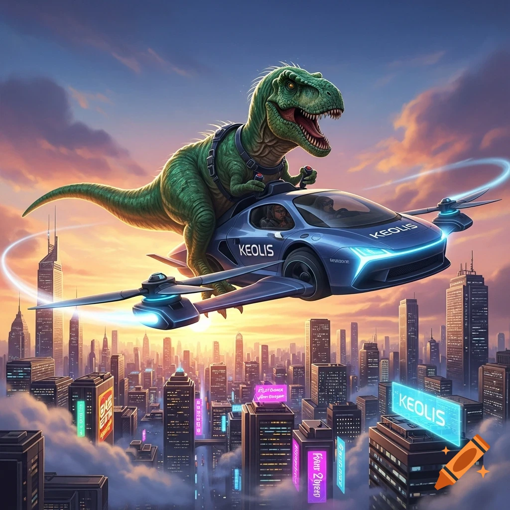 A cartoonish T-Rex wearing a harness drives a futuristic blue flying car over a sprawling city at sunset, with glowing rings around it.