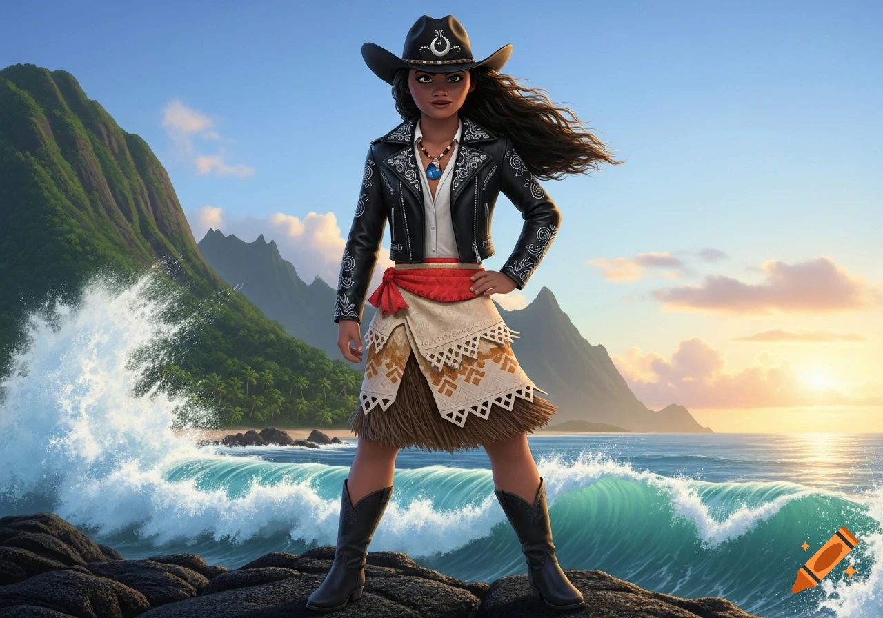 Animated character resembling Moana in a black cowboy outfit, standing on rocks by a tropical ocean at sunset.