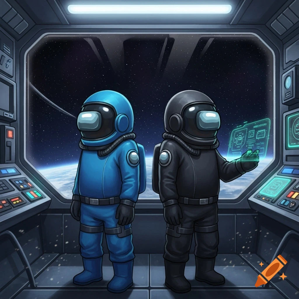 Two Among Us crewmates, one blue and one black, stand inside a spaceship cockpit overlooking Earth and space. The black crewmate interacts with a holographic screen.