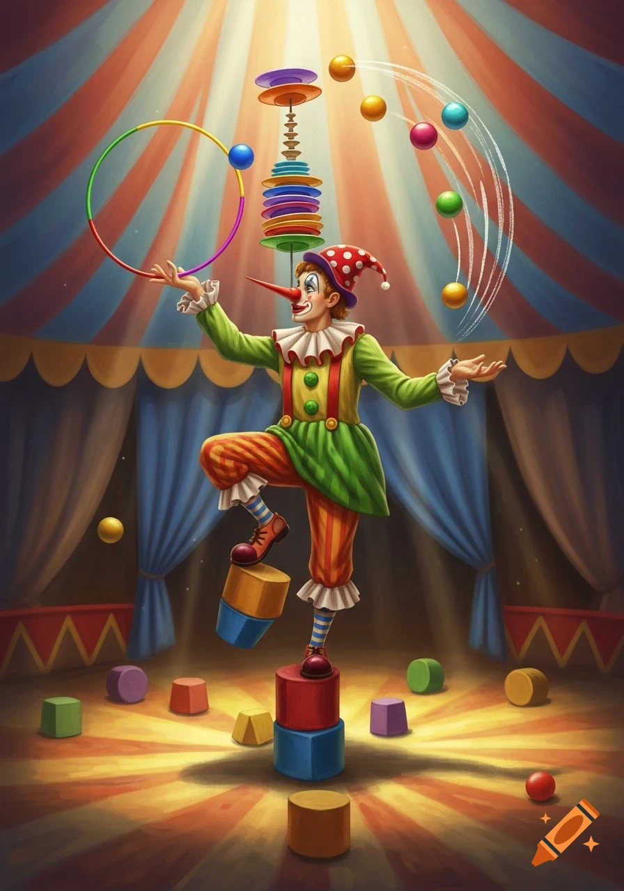 A colorful clown performs in a circus tent, balancing on blocks, juggling, spinning a hula hoop, and balancing plates on their head.