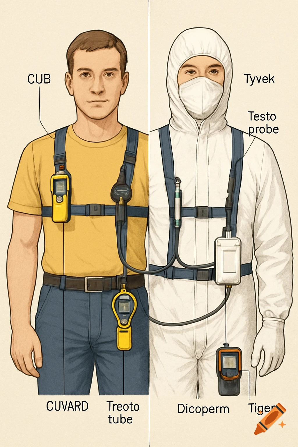 A split image shows a man, on the left without a hazmat suit and on the right wearing one, both displaying various safety monitoring devices on a harness.