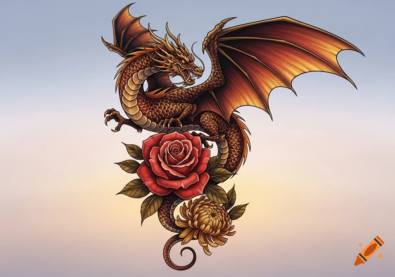 A detailed golden and brown dragon with outstretched wings coiled around a red rose and a golden chrysanthemum, in a tattoo art style.